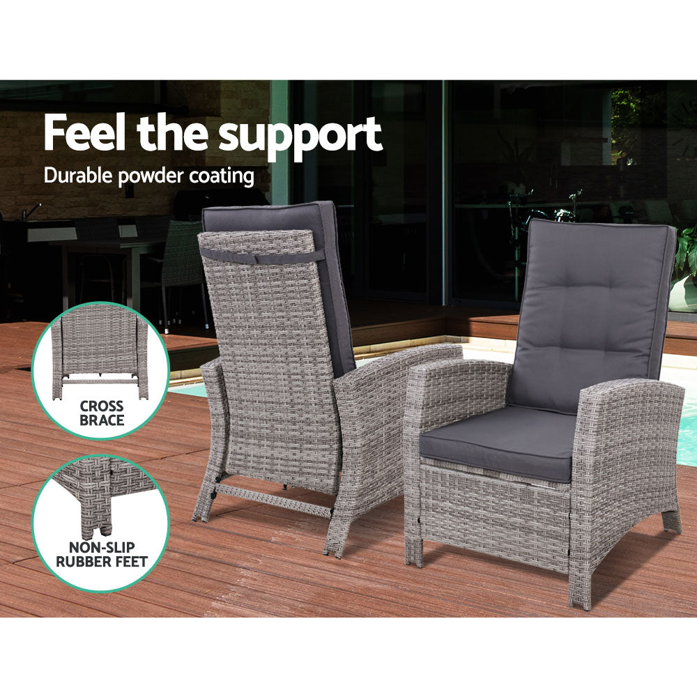 Gardeon 2PC Recliner Chairs Sun lounge Wicker Lounger Outdoor Furniture Adjustable Grey-9