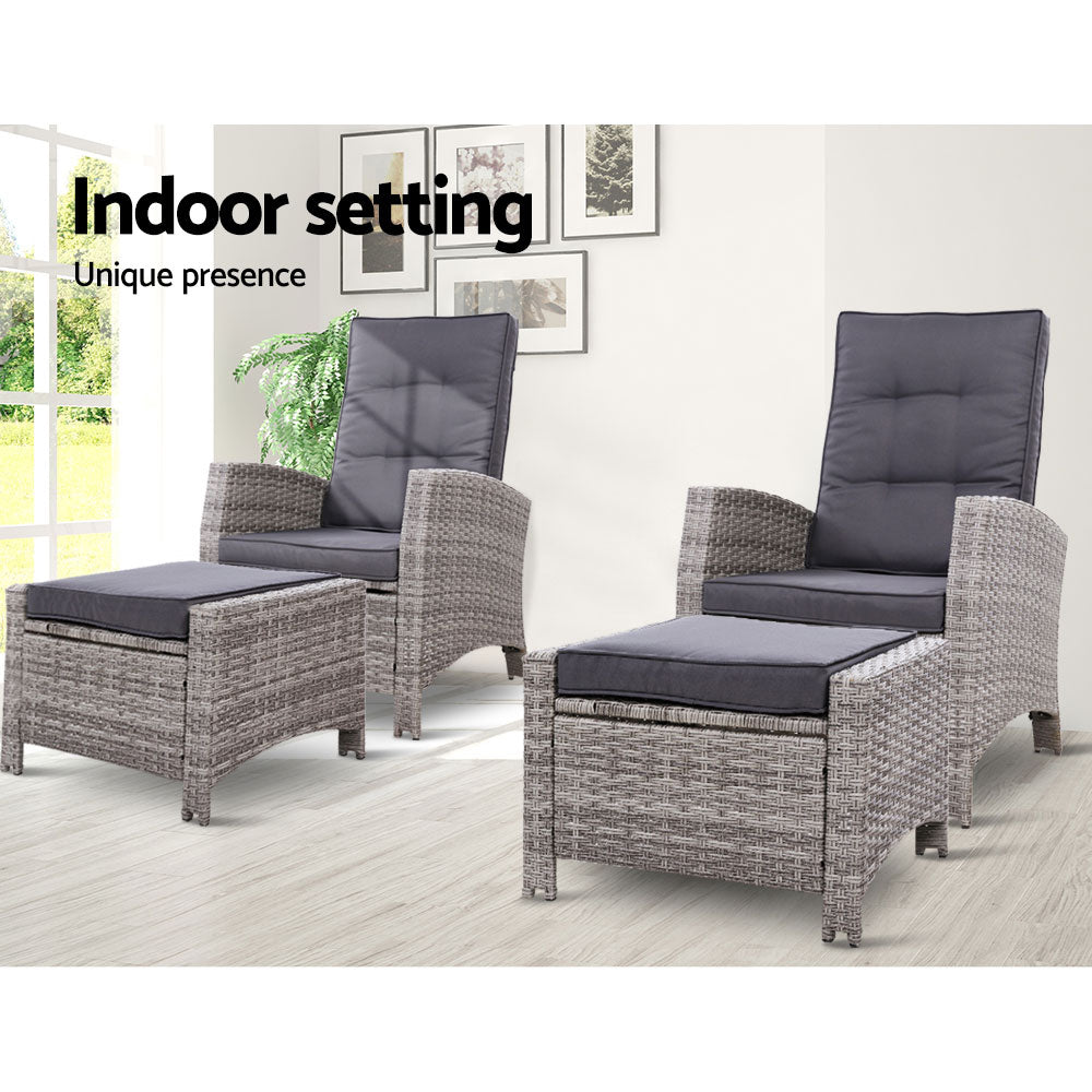 Gardeon 2PC Recliner Chairs Sun lounge Wicker Lounger Outdoor Furniture Adjustable Grey-11