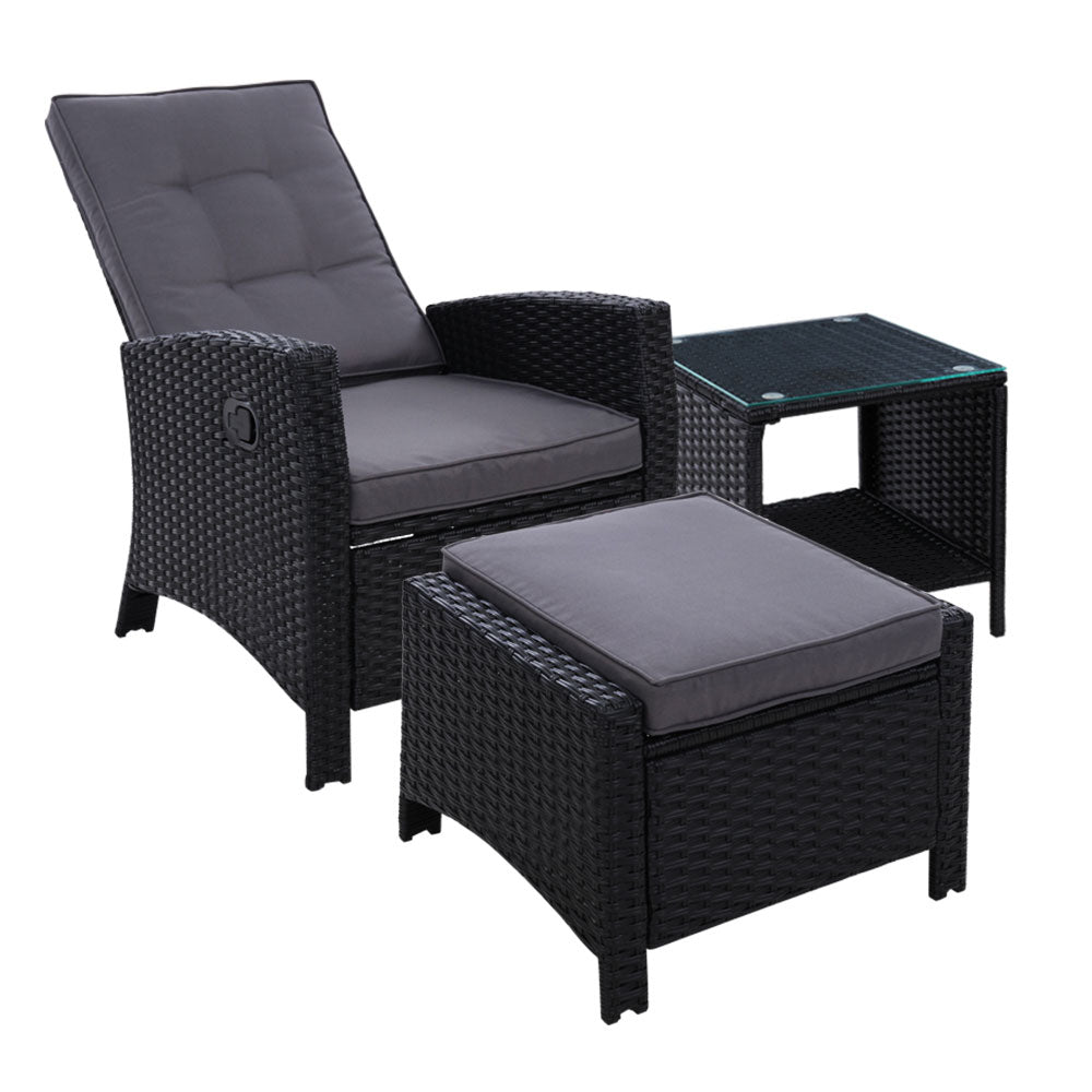 Gardeon 3PC Recliner Chairs Table Sun lounge Wicker Outdoor Furniture Adjustable Black-0