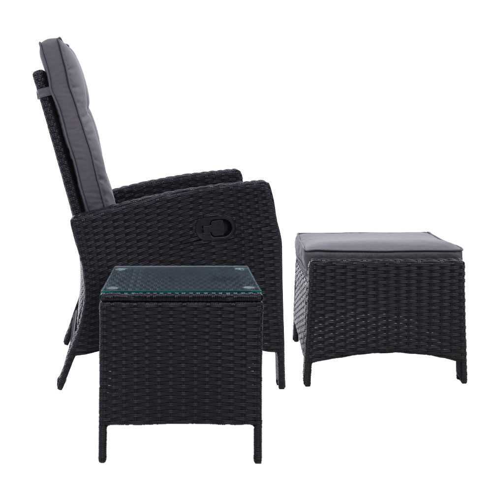 Gardeon 3PC Recliner Chairs Table Sun lounge Wicker Outdoor Furniture Adjustable Black-3