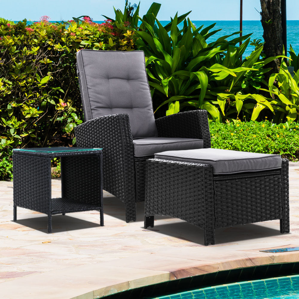 Gardeon 3PC Recliner Chairs Table Sun lounge Wicker Outdoor Furniture Adjustable Black-7