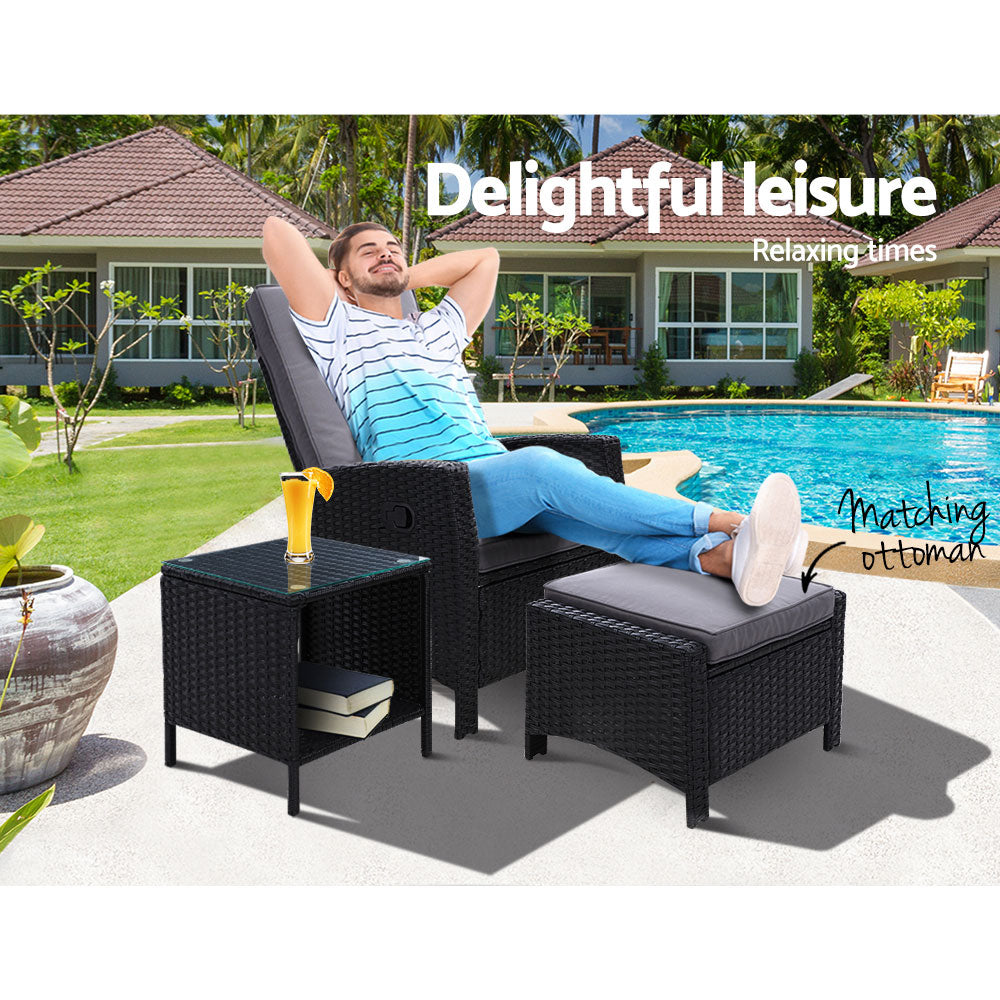 Gardeon 3PC Recliner Chairs Table Sun lounge Wicker Outdoor Furniture Adjustable Black-8