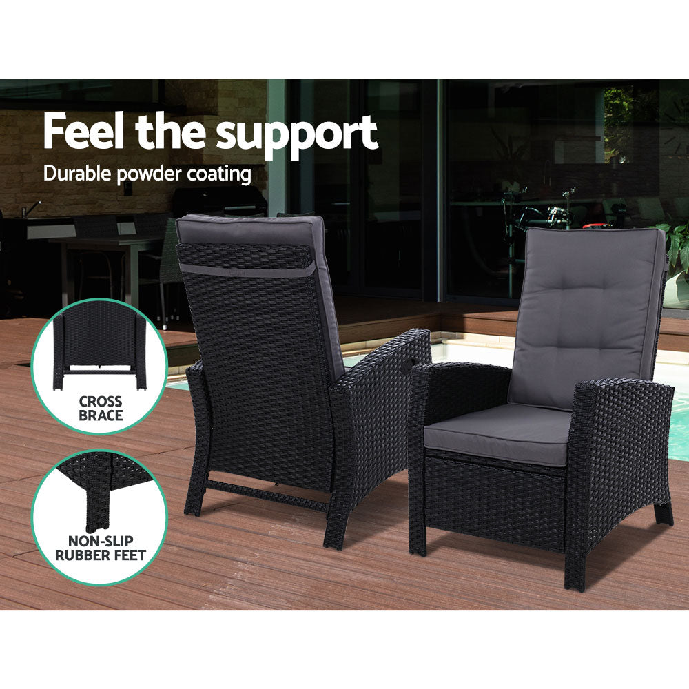 Gardeon 3PC Recliner Chairs Table Sun lounge Wicker Outdoor Furniture Adjustable Black-9