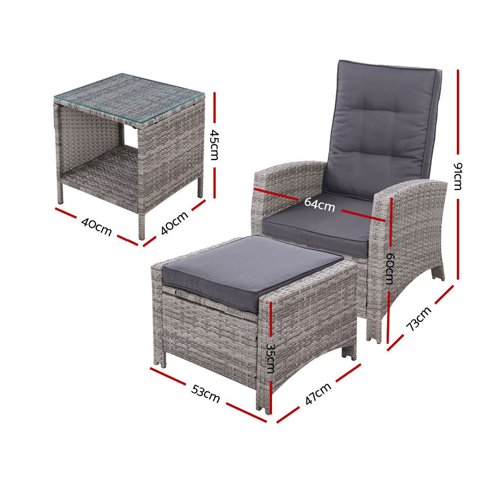 Gardeon 3PC Recliner Chairs Table Sun lounge Wicker Outdoor Furniture Adjustable Grey-1