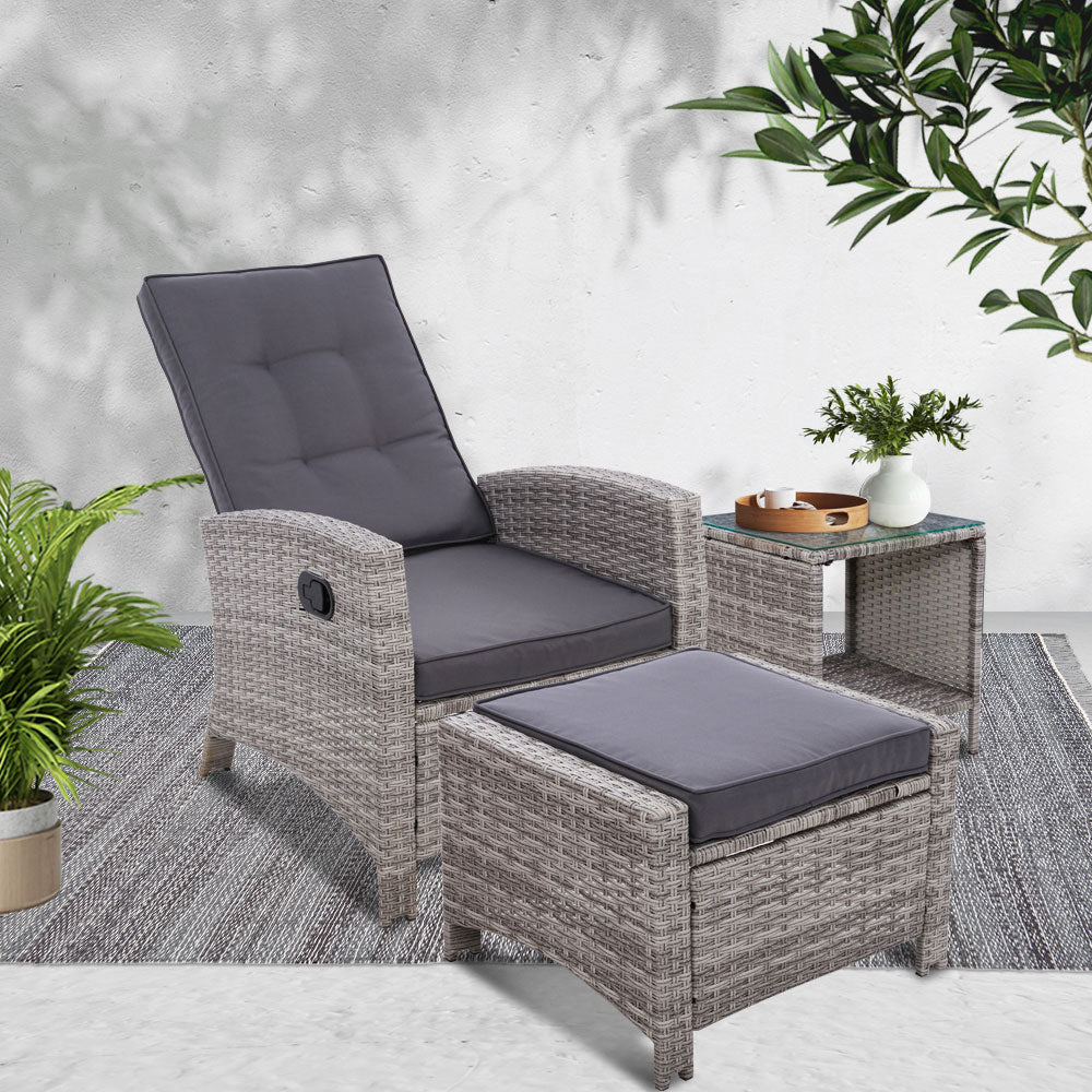 Gardeon 3PC Recliner Chairs Table Sun lounge Wicker Outdoor Furniture Adjustable Grey-6