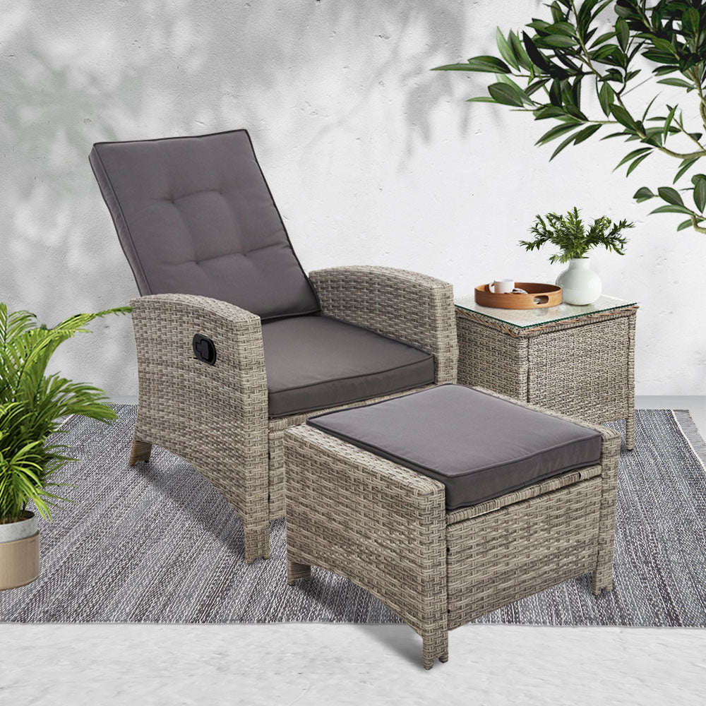 Gardeon 3PC Recliner Chairs Table Sun lounge Wicker Outdoor Furniture Adjustable Grey-7