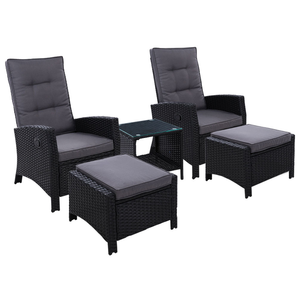 Gardeon 5PC Recliner Chairs Table Sun lounge Wicker Outdoor Furniture Adjustable Black-0