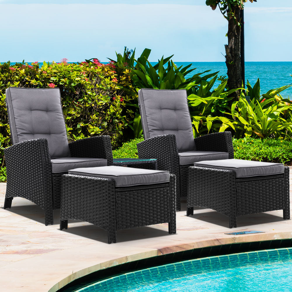 Gardeon 5PC Recliner Chairs Table Sun lounge Wicker Outdoor Furniture Adjustable Black-7