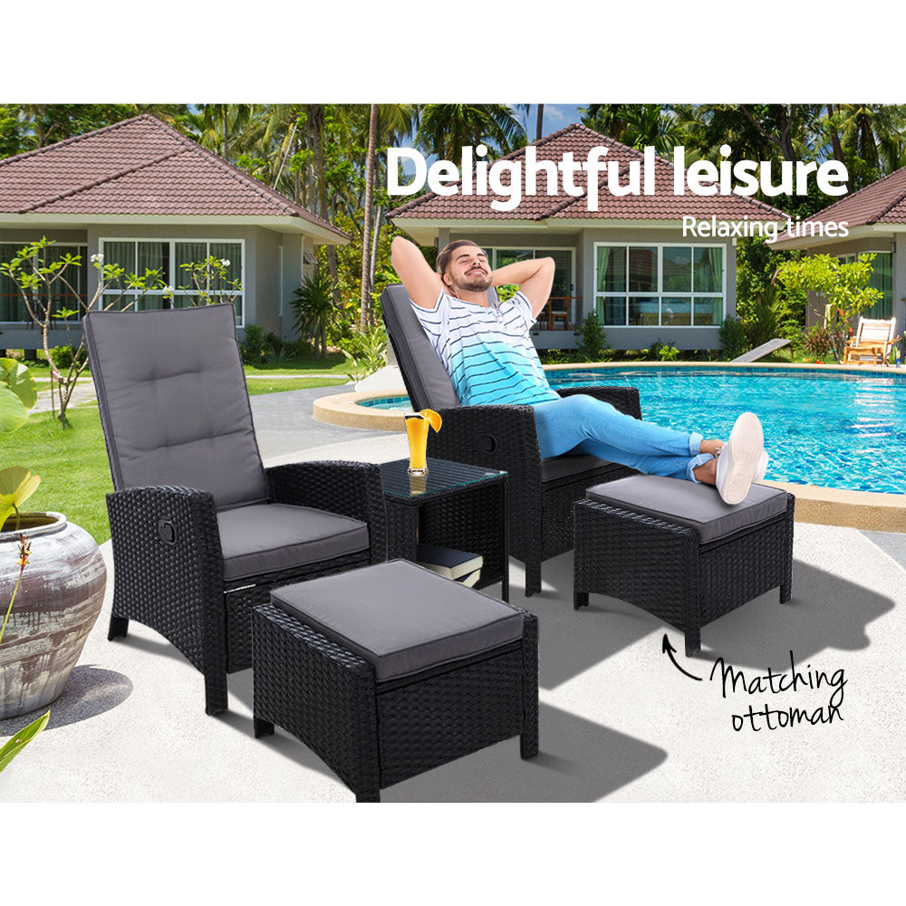 Gardeon 5PC Recliner Chairs Table Sun lounge Wicker Outdoor Furniture Adjustable Black-8