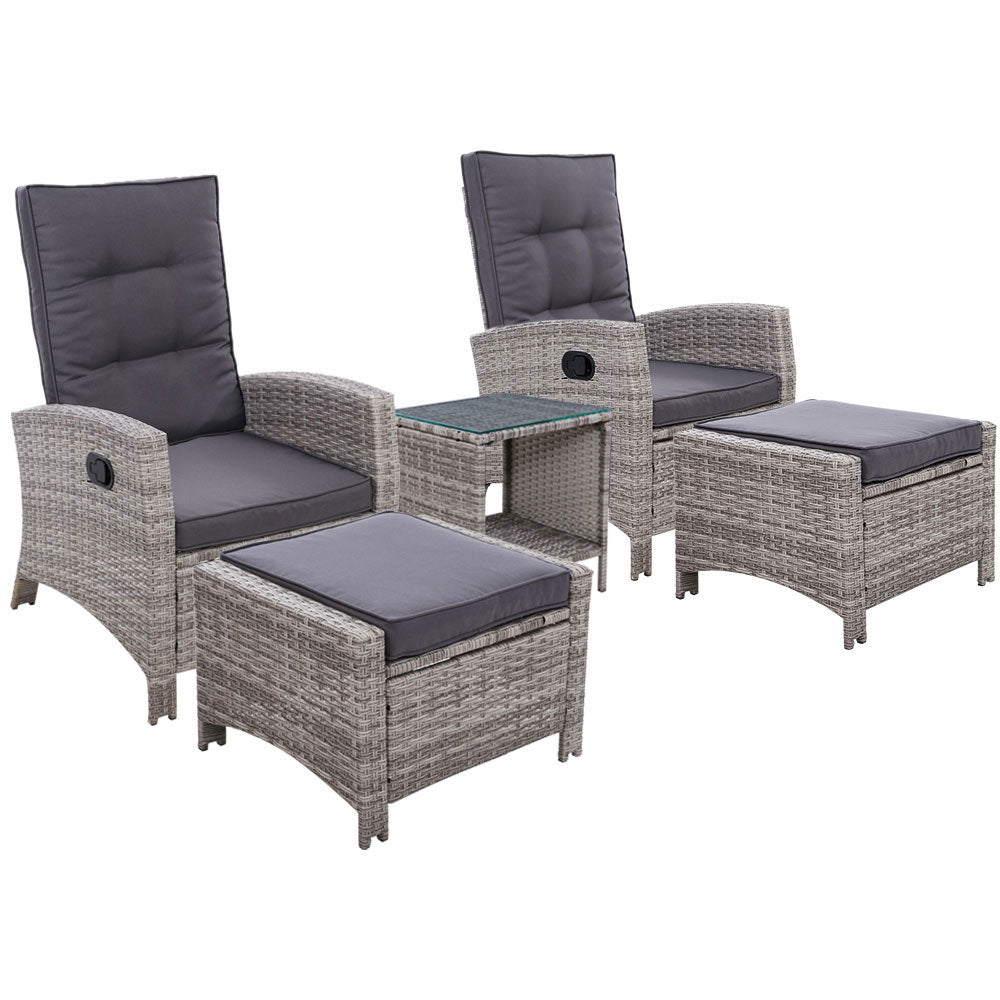 Gardeon 5PC Recliner Chairs Table Sun lounge Wicker Outdoor Furniture Adjustable Grey-0