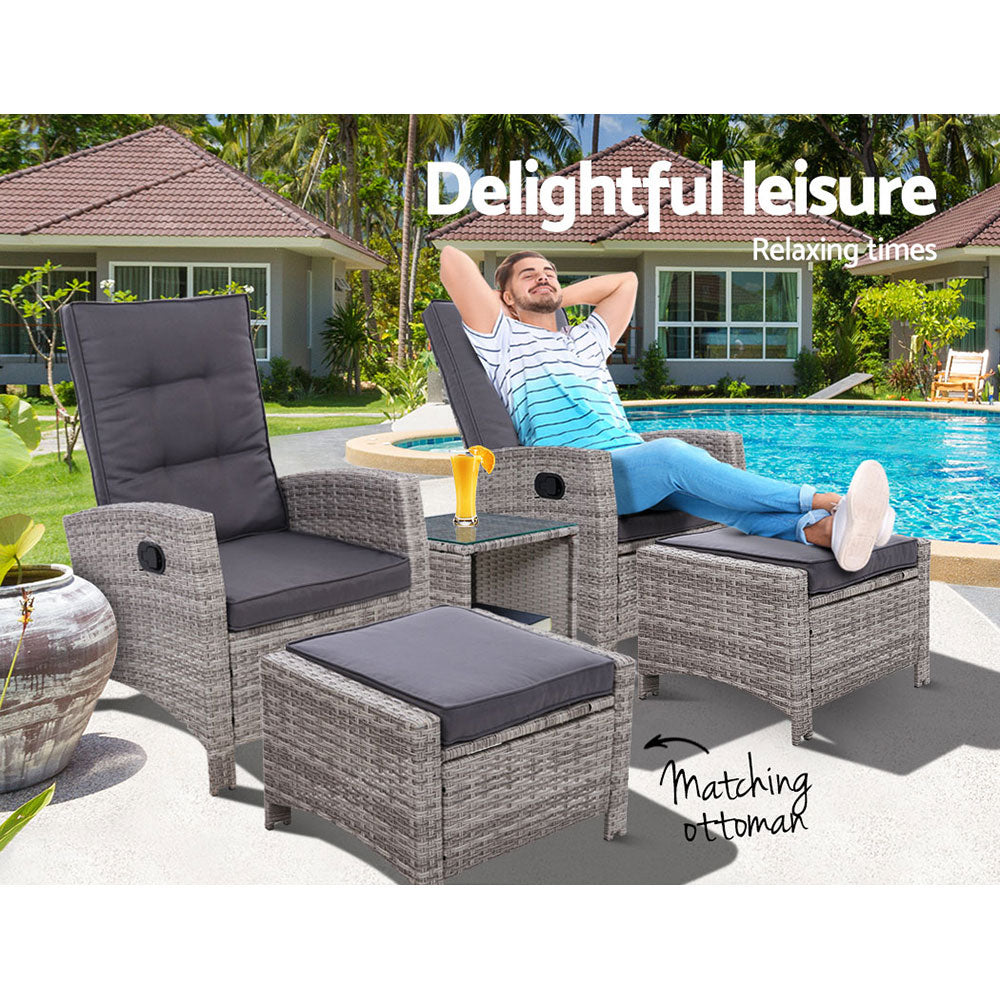 Gardeon 5PC Recliner Chairs Table Sun lounge Wicker Outdoor Furniture Adjustable Grey-2