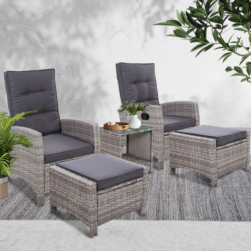 Gardeon 5PC Recliner Chairs Table Sun lounge Wicker Outdoor Furniture Adjustable Grey-6