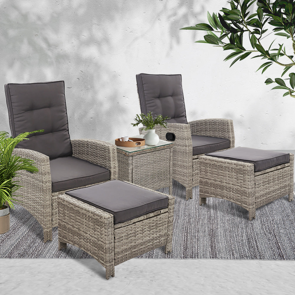 Gardeon 5PC Recliner Chairs Table Sun lounge Wicker Outdoor Furniture Adjustable Grey-7