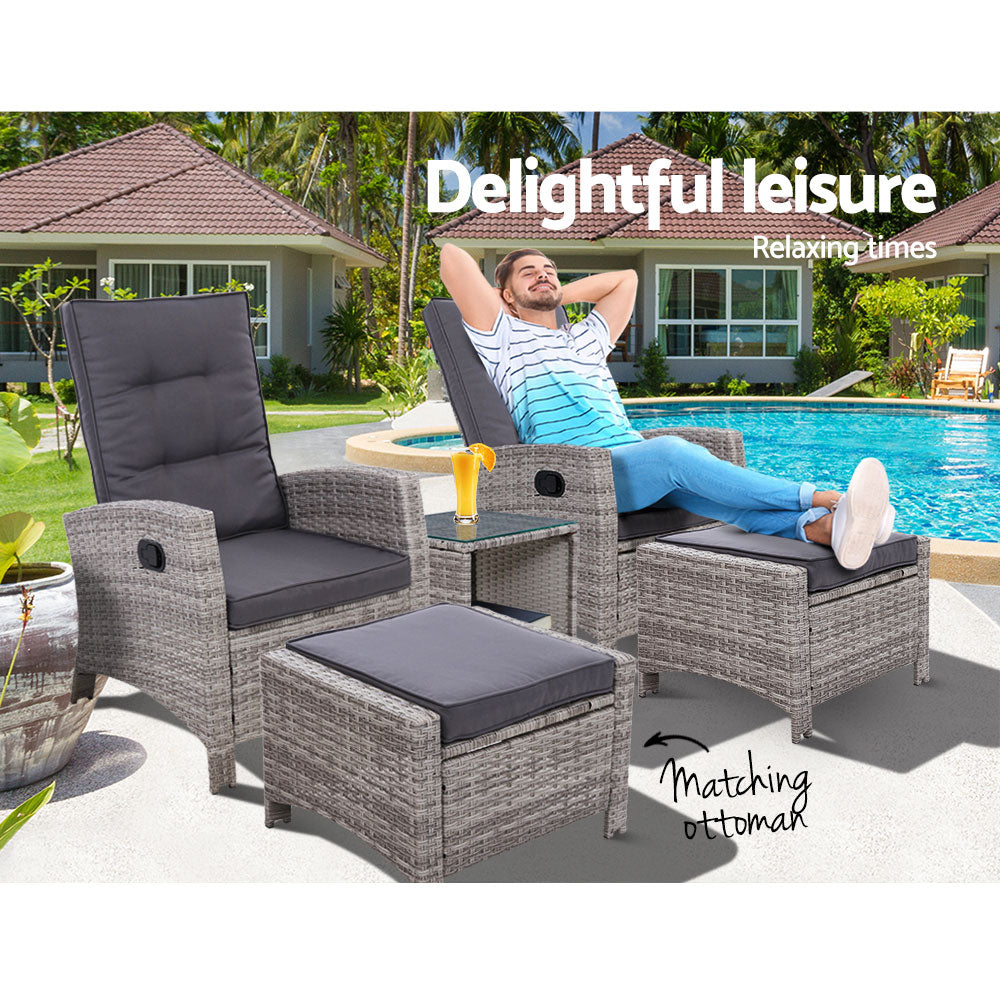 Gardeon 5PC Recliner Chairs Table Sun lounge Wicker Outdoor Furniture Adjustable Grey-8