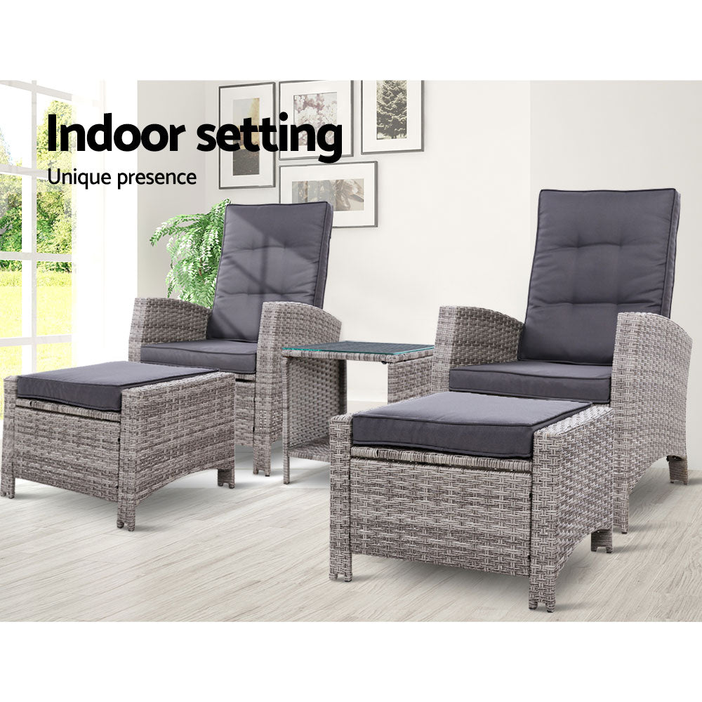 Gardeon 5PC Recliner Chairs Table Sun lounge Wicker Outdoor Furniture Adjustable Grey-11