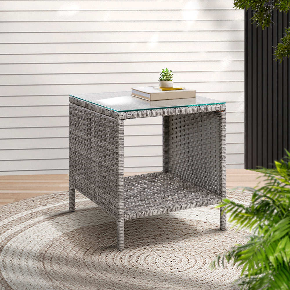 Gardeon Coffee Side Table Wicker Desk Rattan Outdoor Furniture Garden Grey-7