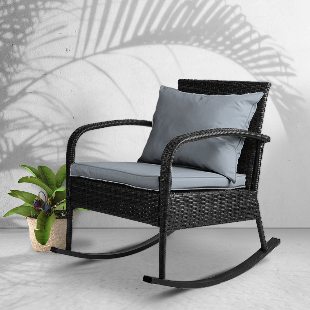 Gardeon Outdoor Furniture Rocking Chair Wicker Garden Patio Lounge Setting Black-6