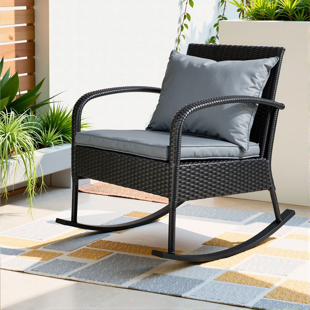 Gardeon Outdoor Furniture Rocking Chair Wicker Garden Patio Lounge Setting Black-7