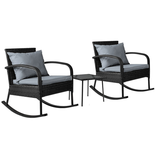 Gardeon 3PC Rocking Chair Table Wicker Outdoor Furniture Patio Bistro Set Black-0