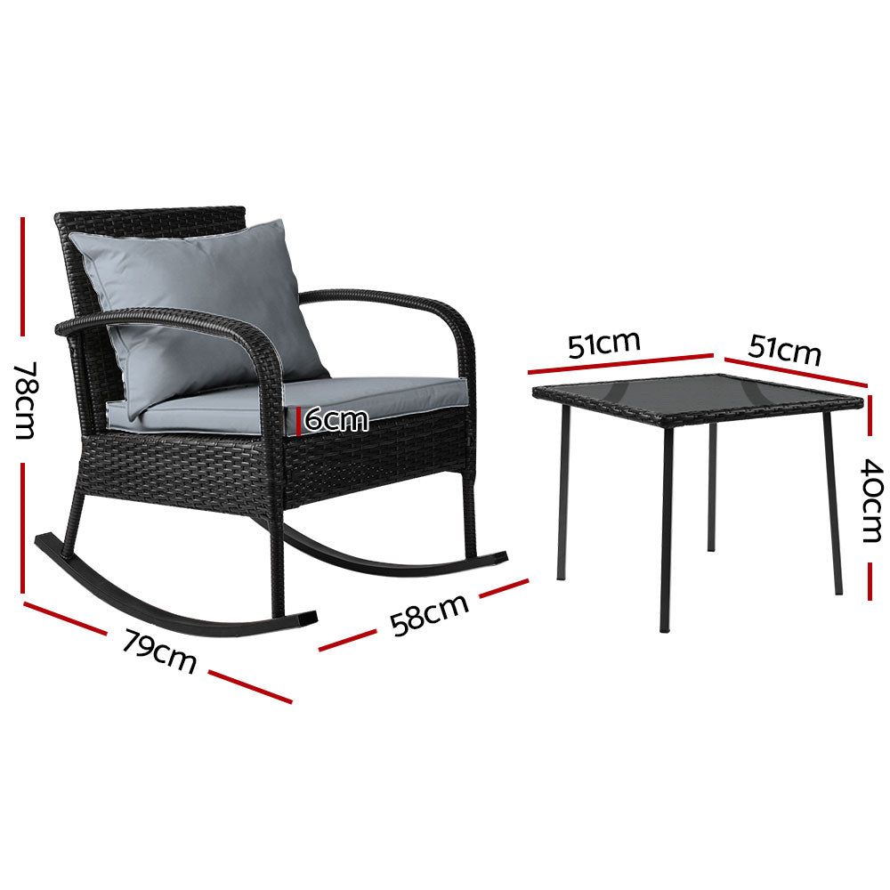 Gardeon 3PC Rocking Chair Table Wicker Outdoor Furniture Patio Bistro Set Black-1