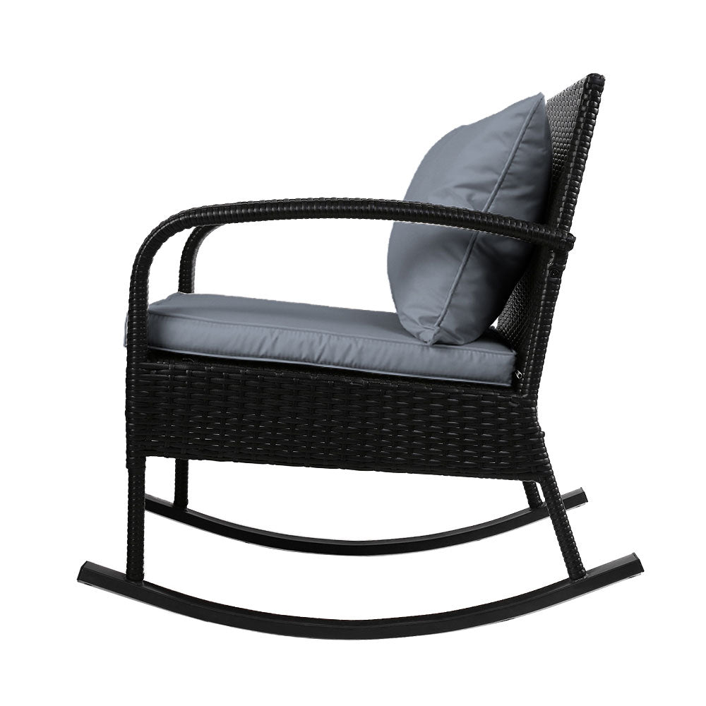 Gardeon 3PC Rocking Chair Table Wicker Outdoor Furniture Patio Bistro Set Black-3