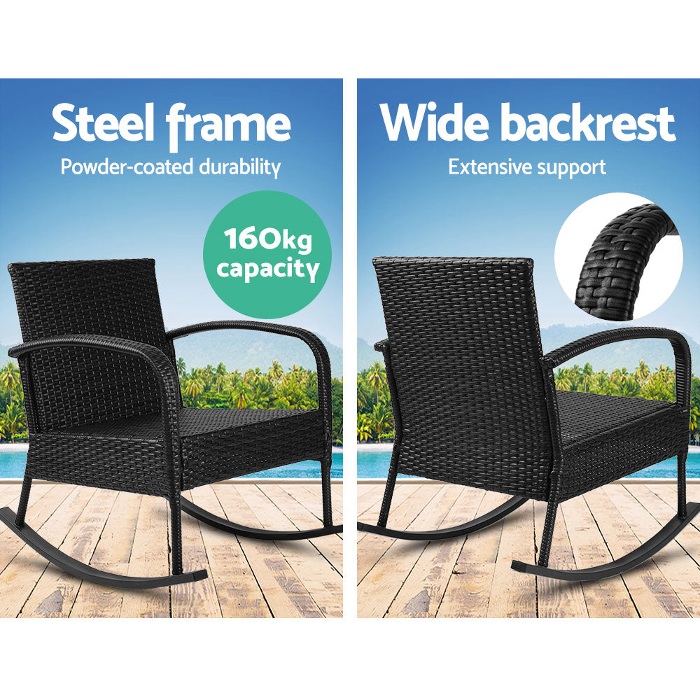 Gardeon 3PC Rocking Chair Table Wicker Outdoor Furniture Patio Bistro Set Black-5