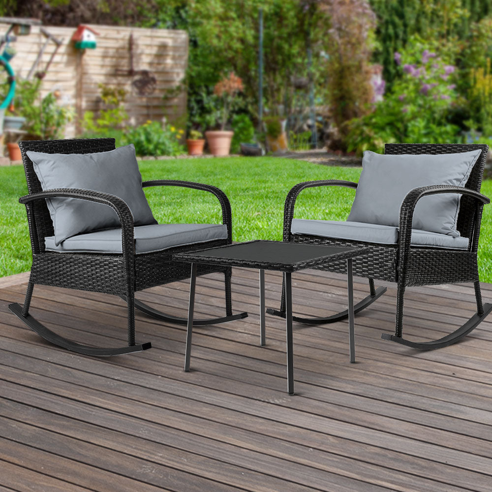 Gardeon 3PC Rocking Chair Table Wicker Outdoor Furniture Patio Bistro Set Black-7