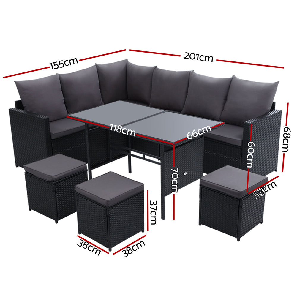 Gardeon Outdoor Furniture Dining Setting Sofa Set Lounge Wicker 9 Seater Black-1