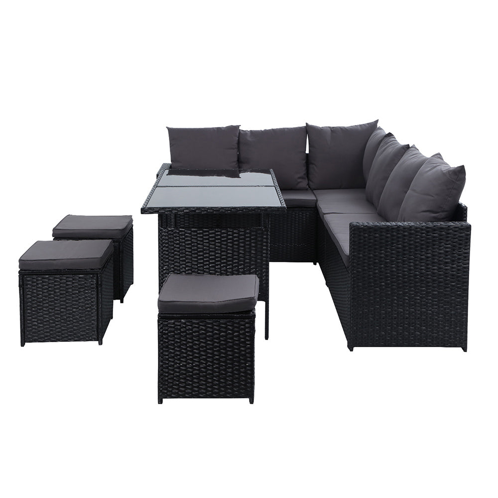 Gardeon Outdoor Furniture Dining Setting Sofa Set Lounge Wicker 9 Seater Black-3