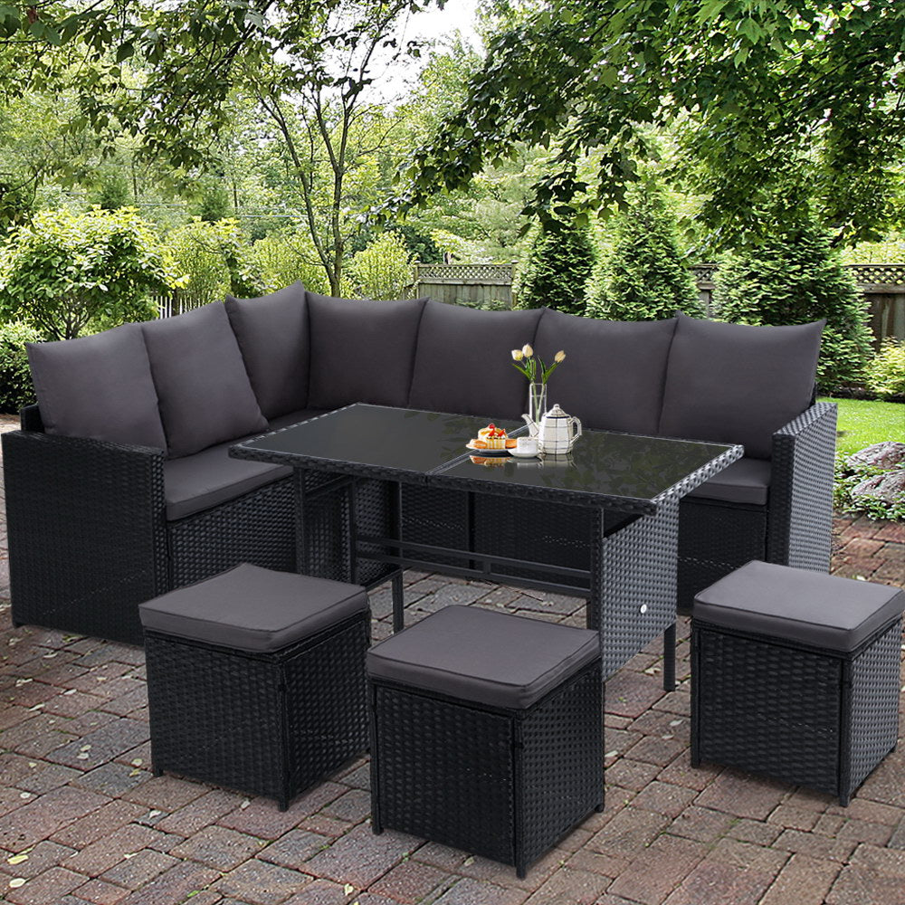 Gardeon Outdoor Furniture Dining Setting Sofa Set Lounge Wicker 9 Seater Black-7