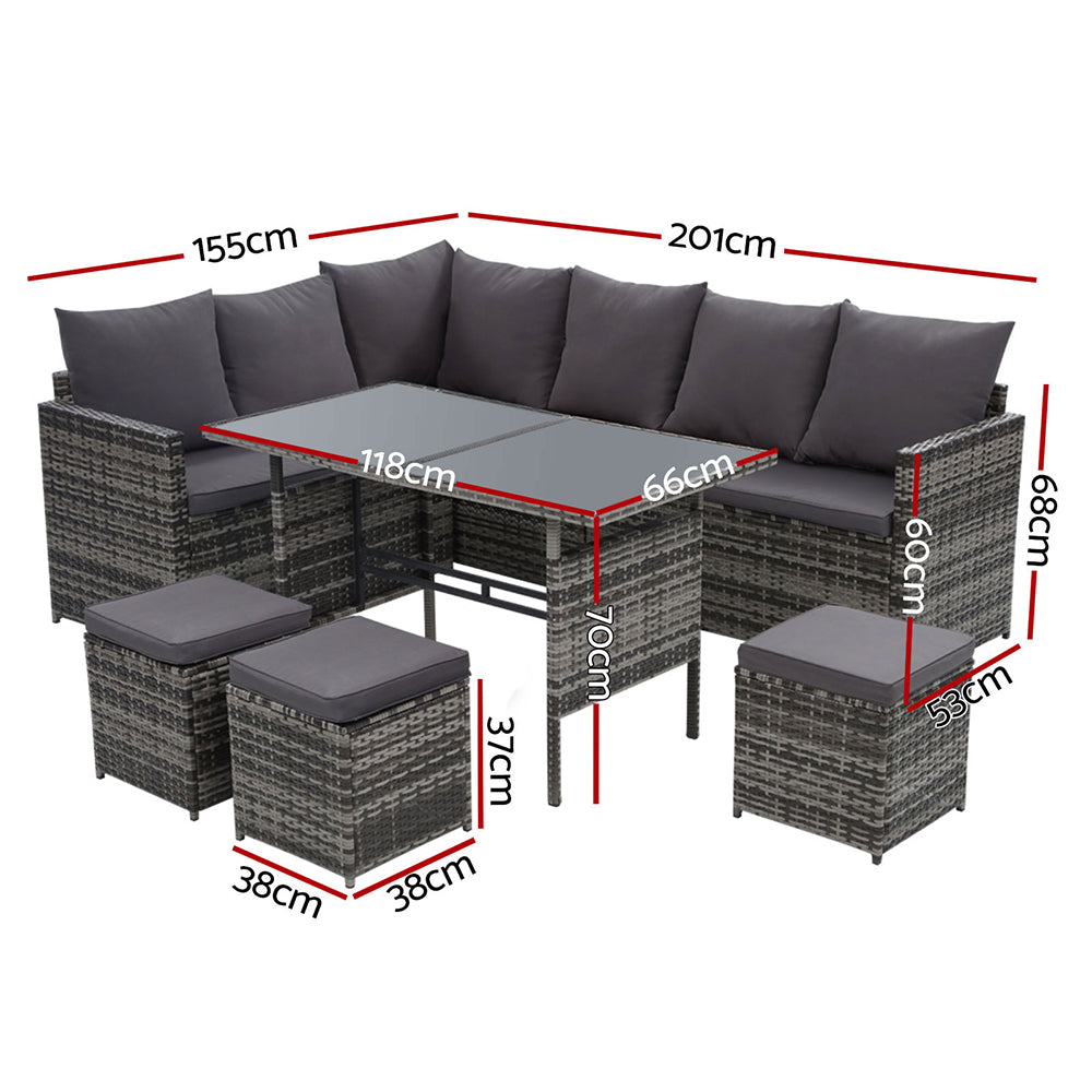 Gardeon Outdoor Furniture Dining Setting Sofa Set Lounge Wicker 9 Seater Mixed Grey-1