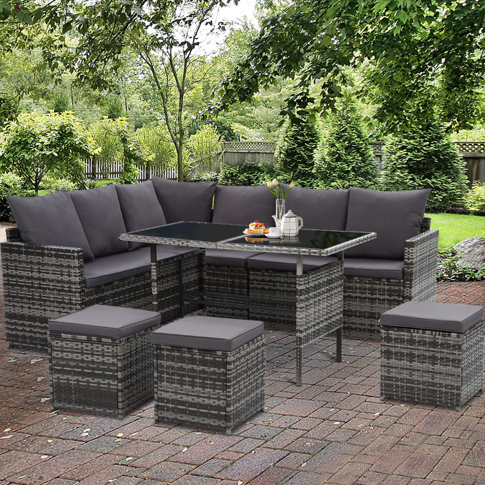 Gardeon Outdoor Furniture Dining Setting Sofa Set Lounge Wicker 9 Seater Mixed Grey-7