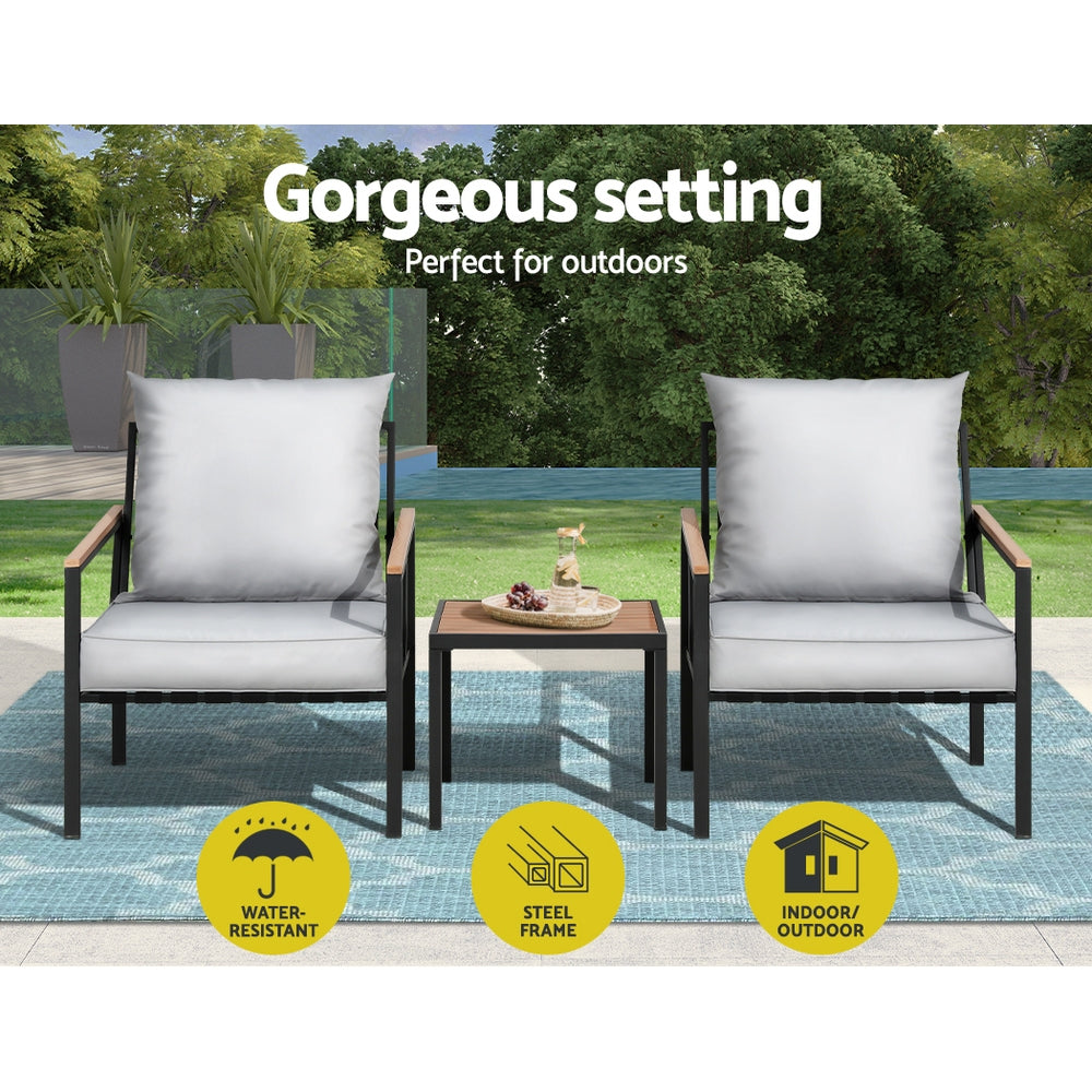 Gardeon 3PC Outdoor Furniture Bistro Set Lounge Setting Chairs Table Patio Black-3