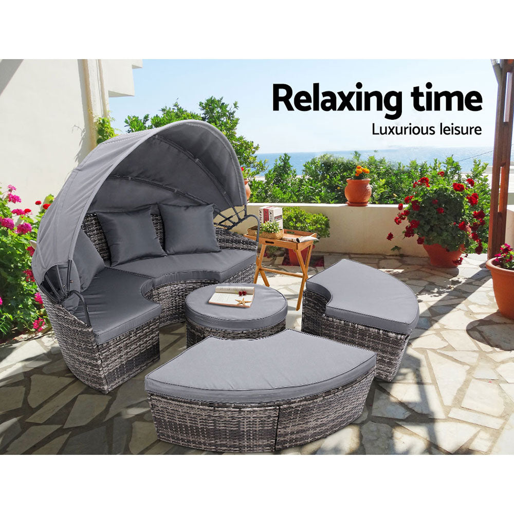 Gardeon Sun Lounge Setting Wicker Lounger Day Bed Patio Outdoor Furniture Grey-5