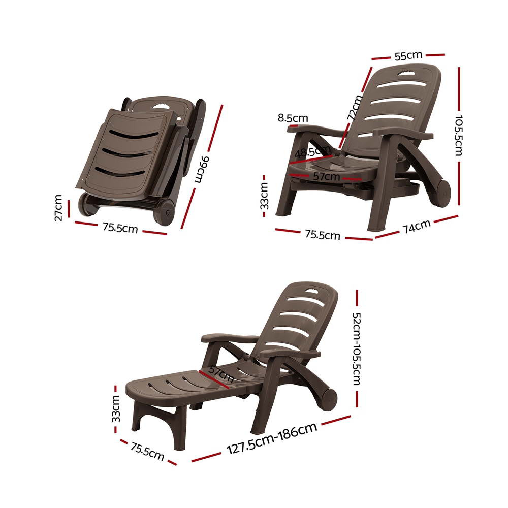 Gardeon Sun Lounger Folding Lounge Chair Wheels Patio Outdoor Furniture Brown-1