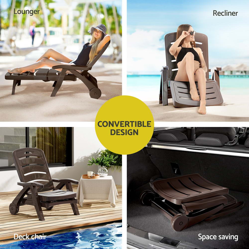 Gardeon Sun Lounger Folding Lounge Chair Wheels Patio Outdoor Furniture Brown-4