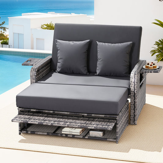 Gardeon Outdoor Day Bed Sun Lounge Setting Wicker Lounger Patio Furniture Grey-0