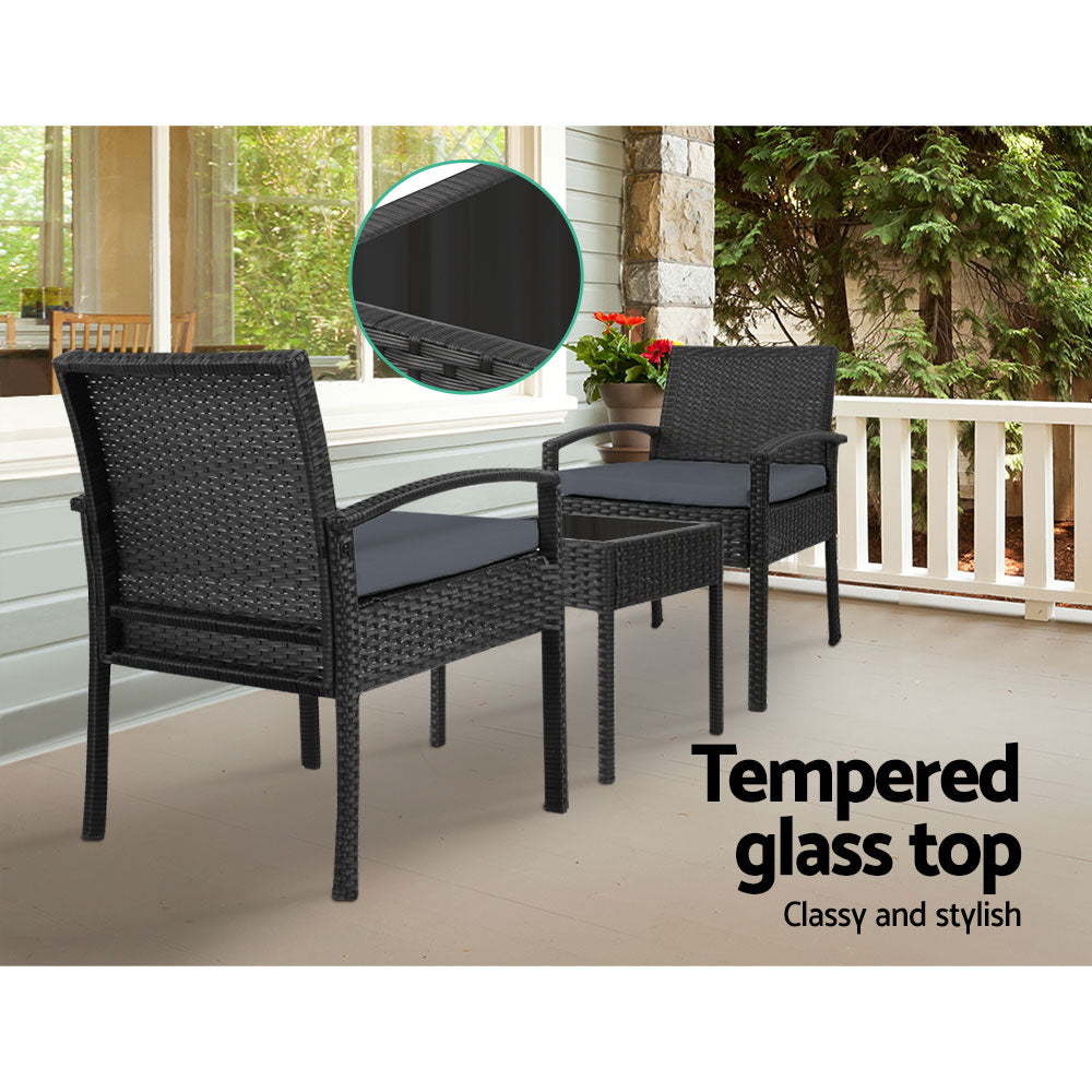 Gardeon 3PC Patio Furniture Bistro Set Wicker Outdoor Lounge Setting Black-9