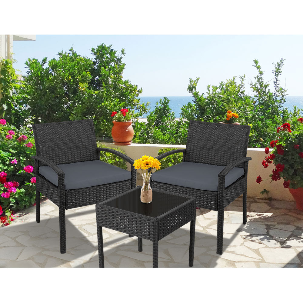 Gardeon 3PC Patio Furniture Bistro Set Wicker Outdoor Lounge Setting Black-10