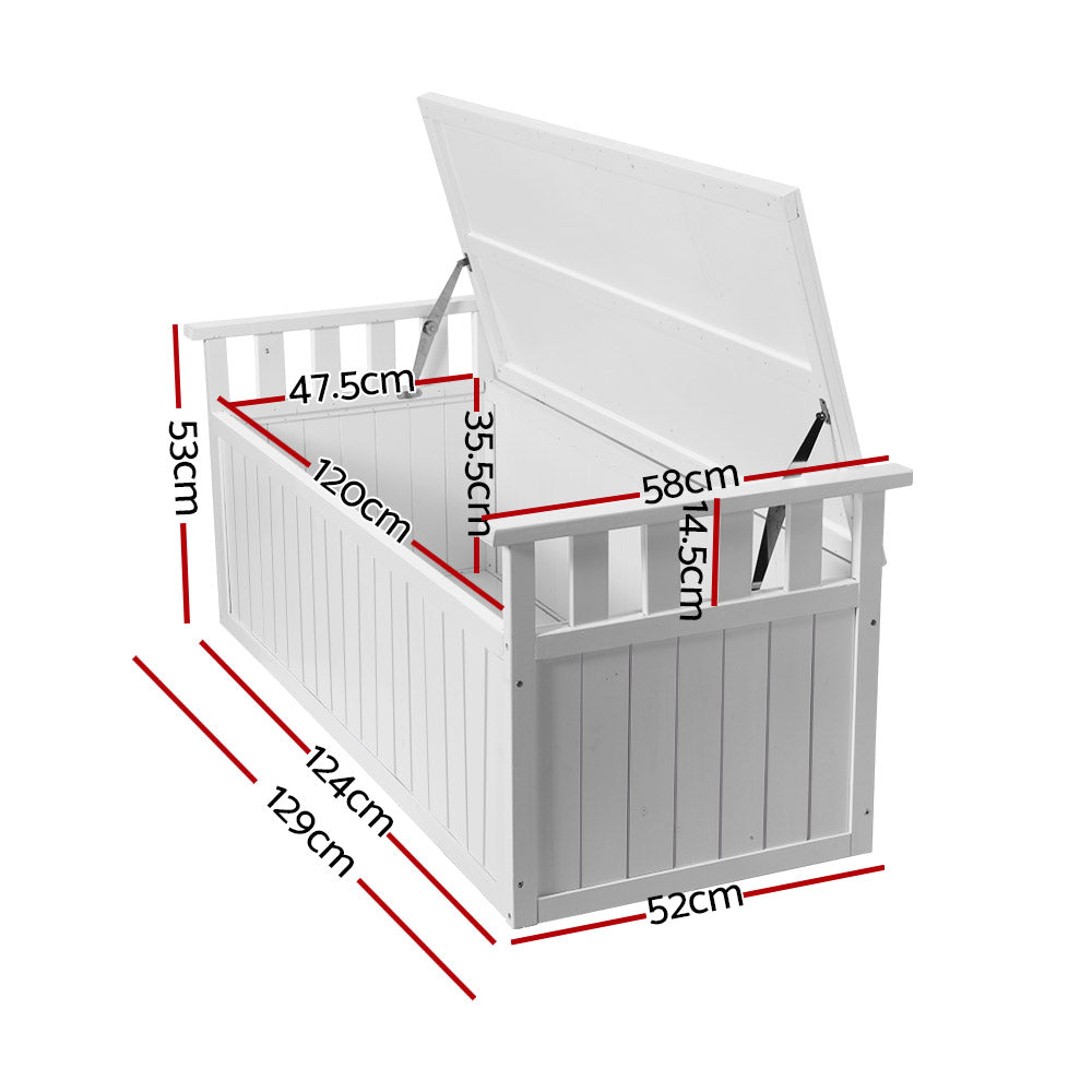 Gardeon Outdoor Storage Bench Box 129cm Wooden Garden Toy Chest Sheds Patio Furniture XL White-1