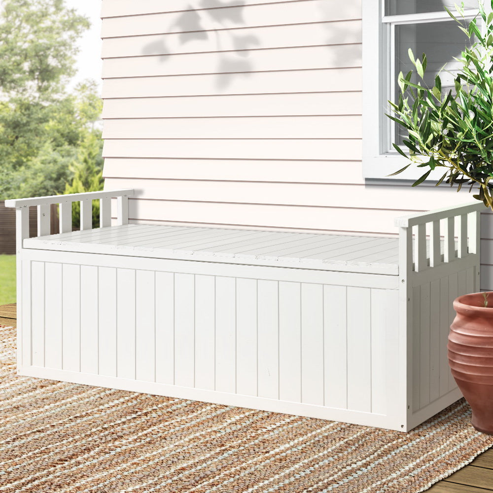 Gardeon Outdoor Storage Bench Box 129cm Wooden Garden Toy Chest Sheds Patio Furniture XL White-8