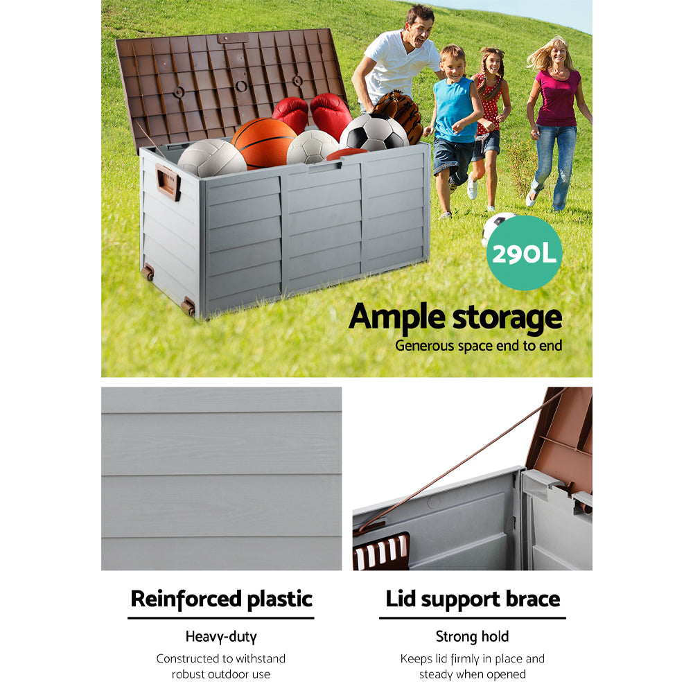 Gardeon Outdoor Storage Box 290L Lockable Organiser Garden Deck Shed Tool Brown-4