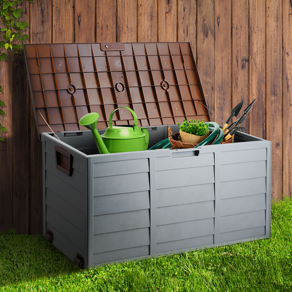 Gardeon Outdoor Storage Box 290L Lockable Organiser Garden Deck Shed Tool Brown-7