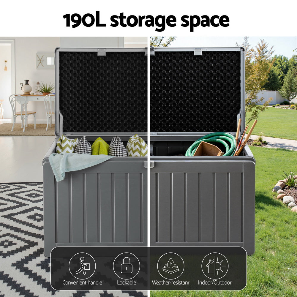Gardeon Outdoor Storage Box 190L Container Lockable Garden Bench Tool Shed Black-3