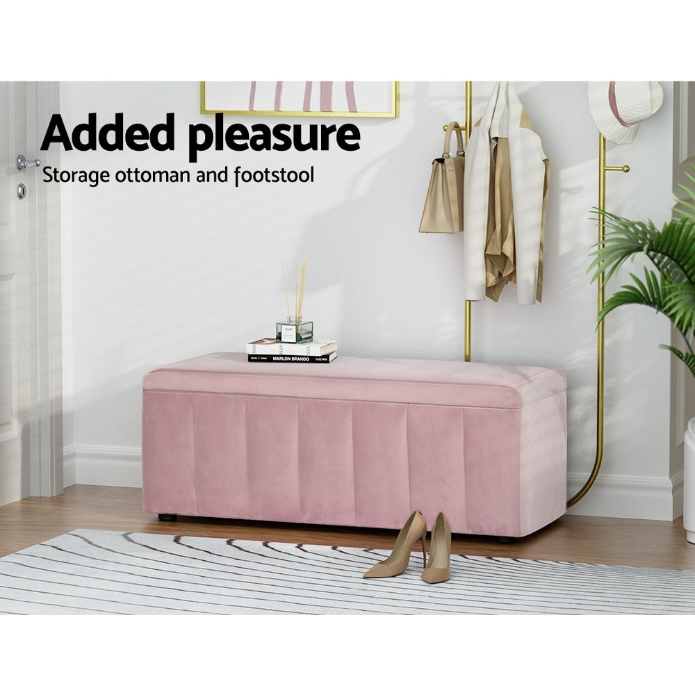 Artiss Storage Ottoman Blanket Box 103cm Velvet Pink-3