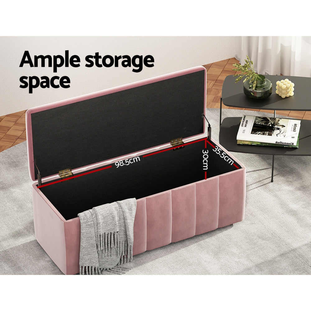 Artiss Storage Ottoman Blanket Box 103cm Velvet Pink-4