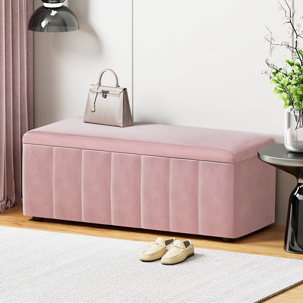 Artiss Storage Ottoman Blanket Box 103cm Velvet Pink-6