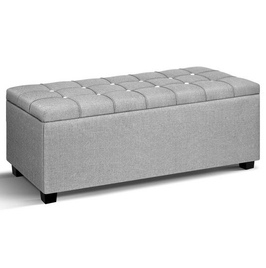 Artiss Storage Ottoman Blanket Box 97cm Button Linen Grey-0