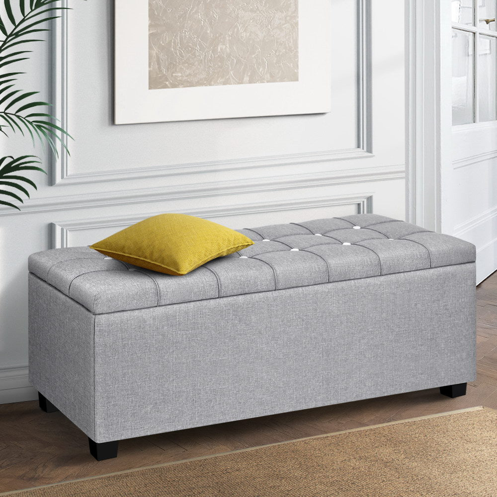 Artiss Storage Ottoman Blanket Box 97cm Button Linen Grey-0