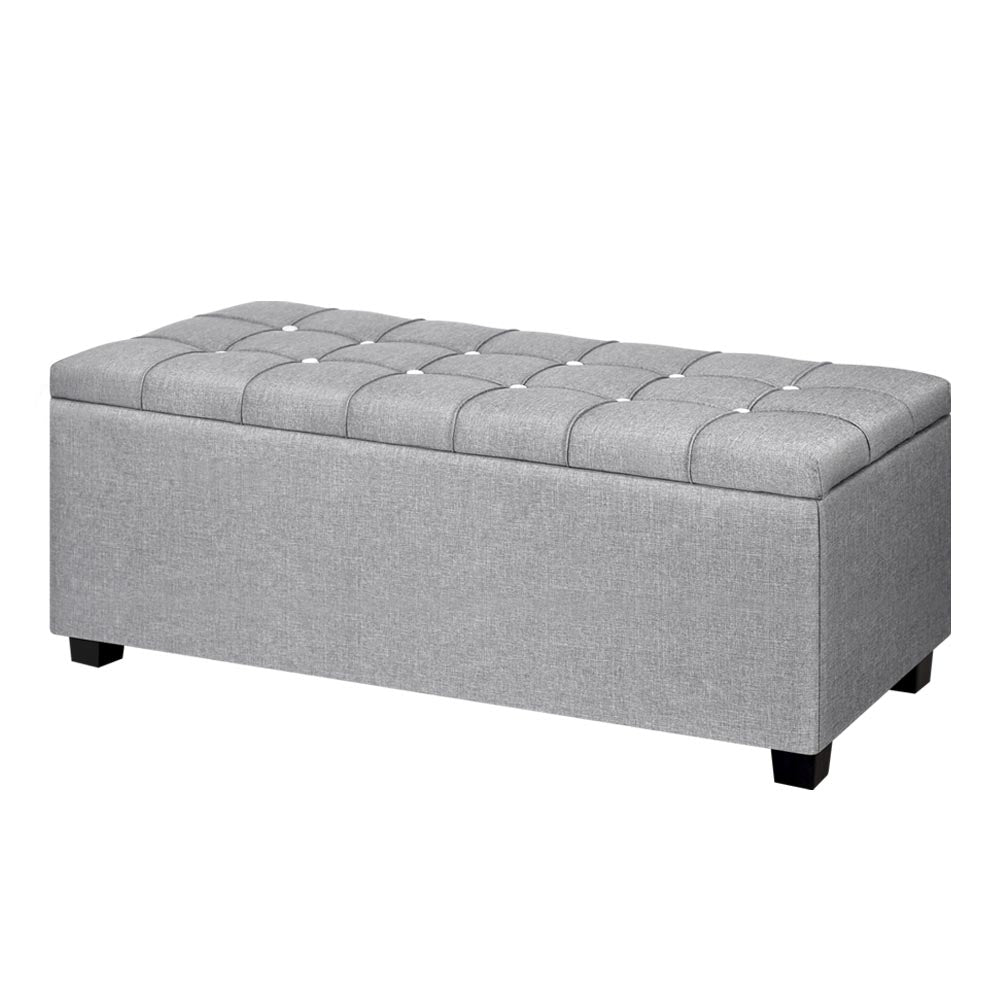 Artiss Storage Ottoman Blanket Box 97cm Button Linen Grey-2